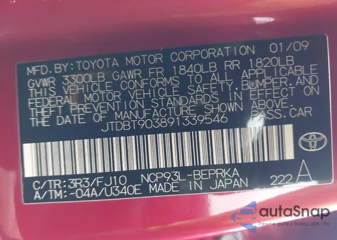 2009 Toyota Yaris from USA, damaged, VIN JTDBT903891339546